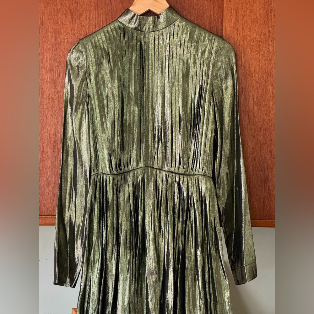 Loewe Shiny Pleated Lurex Midi Length Dress. Sweet shiny metallic olive green. - Picture 6 of 15